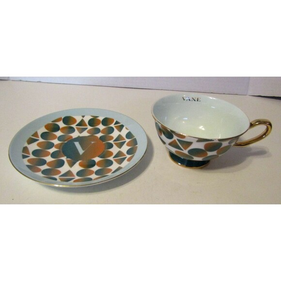 Vine Monogram Retro Modern Tea Set Designer Teacup Saucer Bone China NIB - Picture 8 of 13